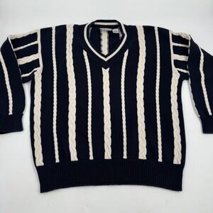 Essential Elements Mens XL V-Neck Cotton Knit Striped Sweater Black Cream‎